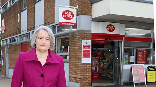 Claire Young outside Yate Post Office